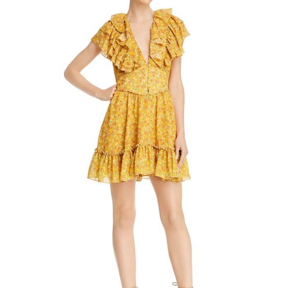 DIVINE HERITAGE Sunflower Yellow Floral Flutter Mini Fit and Flare Dress NWT